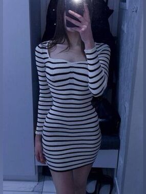 H&M black and white striped ribbed knit mini sweater dress NWOT